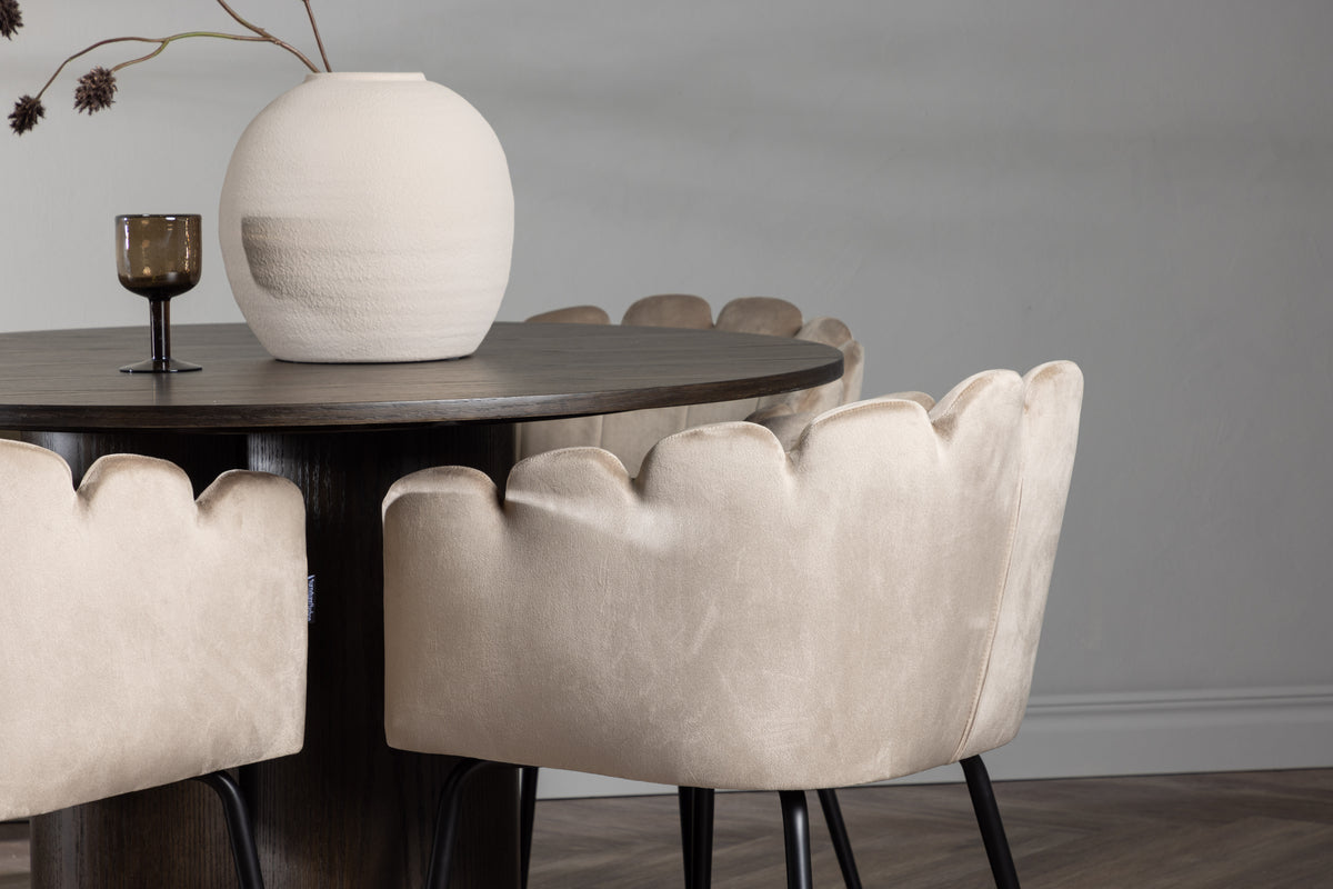 Venture Design Limhamn & Olivia Matstolar Beige + Runda Matbord ⌀110 Mocka