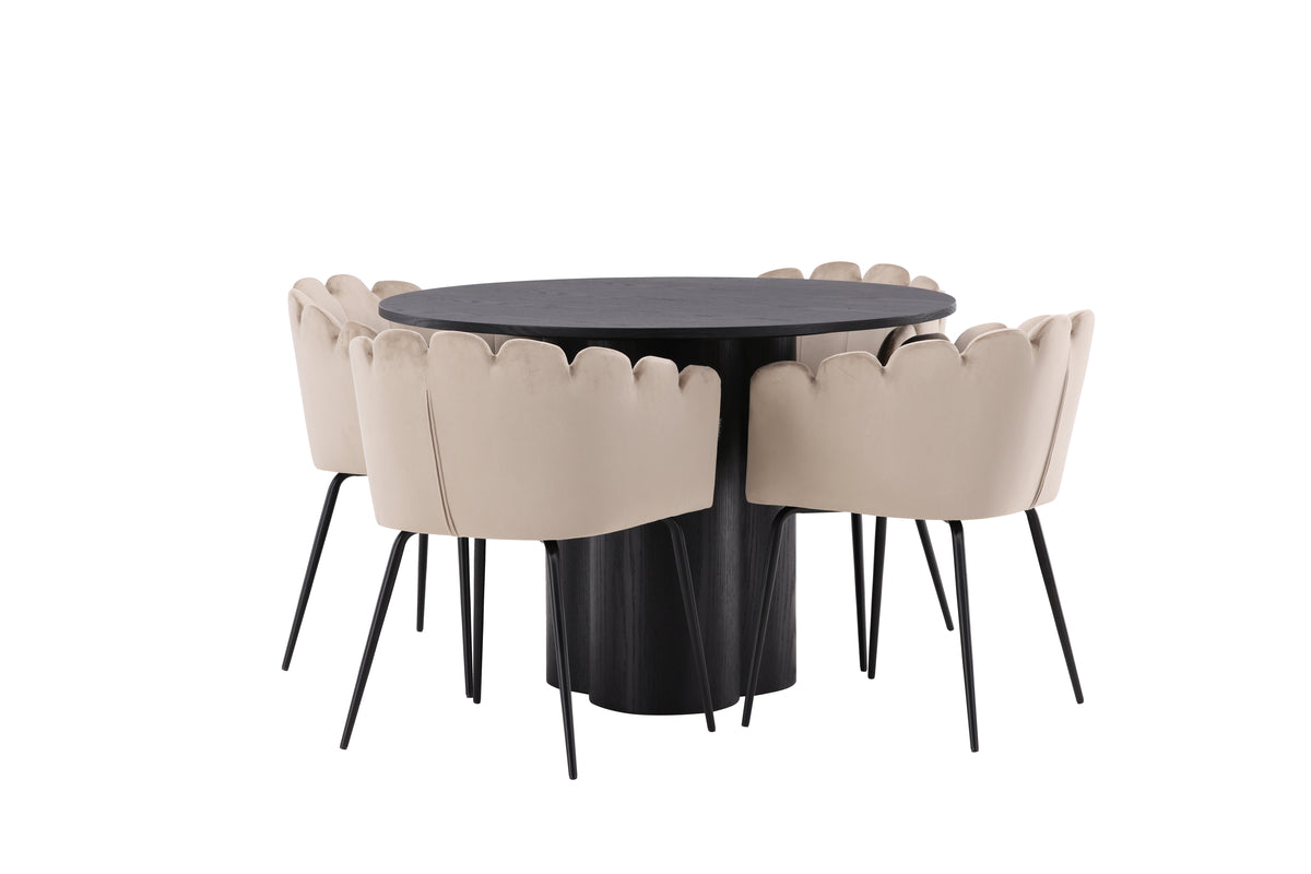 Venture Design Limhamn & Olivia Matstolar Beige + Runda Matbord ⌀110 Svart