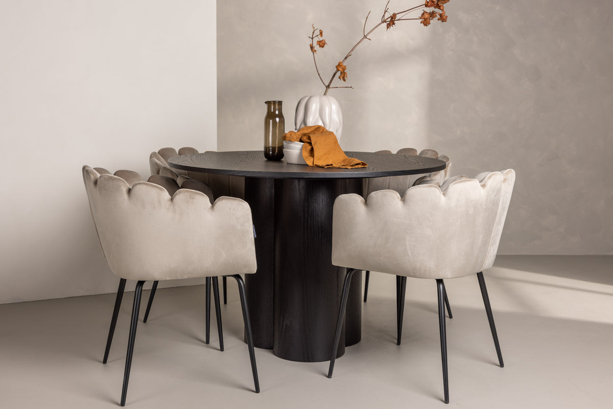 Venture Design Limhamn & Olivia Matstolar Beige + Runda Matbord ⌀110 Svart