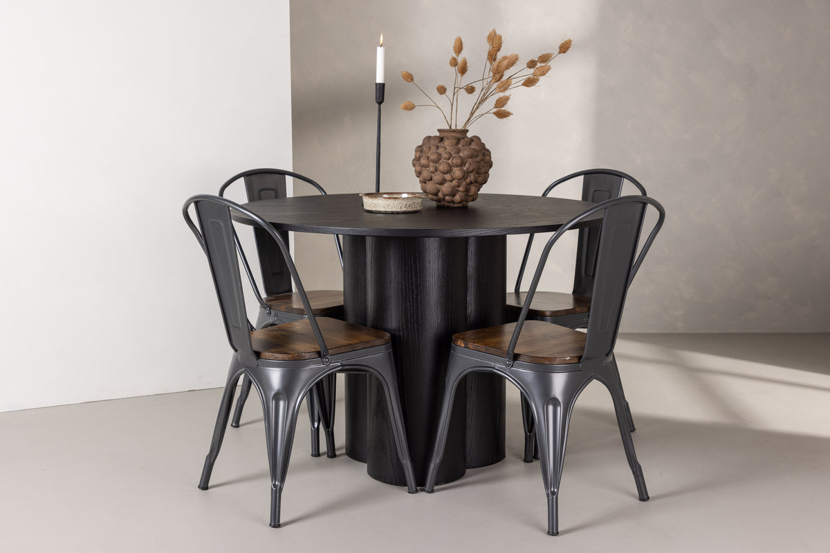 Venture Design Tempe & Olivia Matstolar 2-pack Valnöt + Runda Matbord ⌀110 Svart