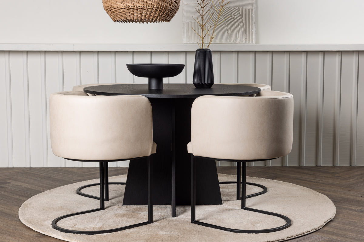 Venture Design Bootcut & Simrishamn Runda Matbord ⌀110 Svart + Matstolar Beige