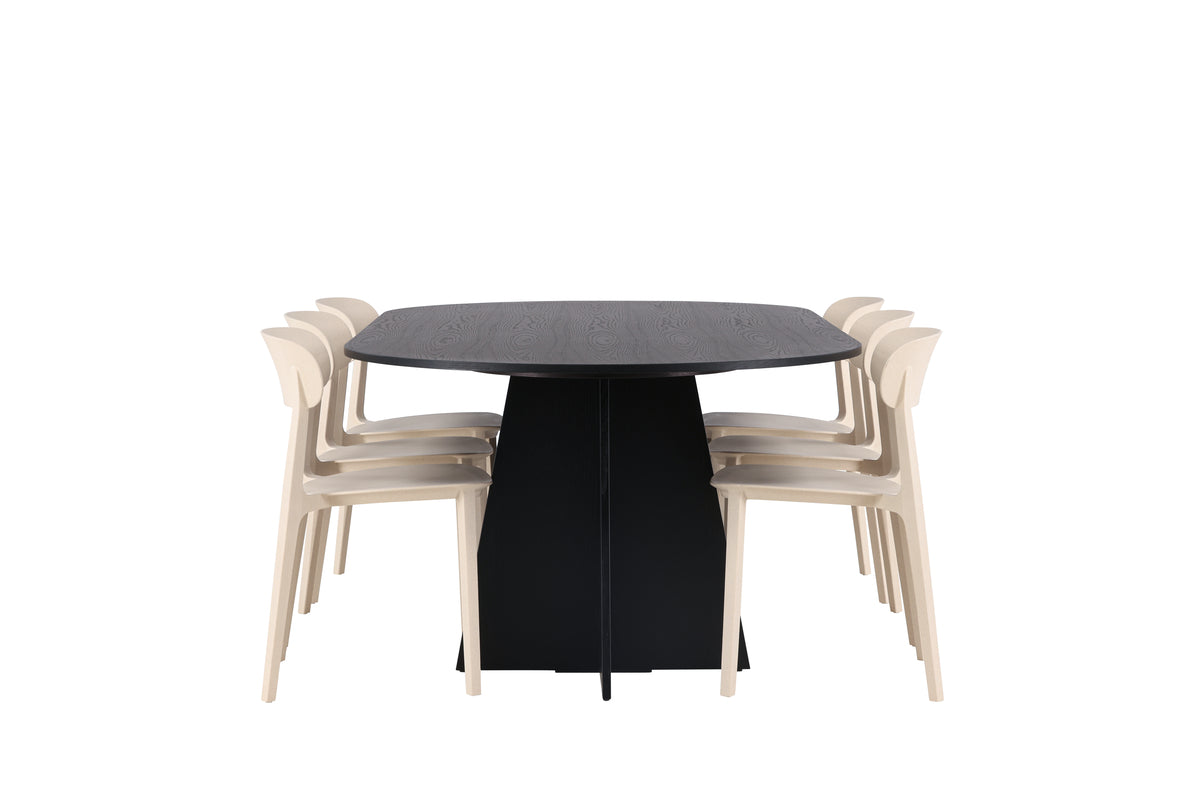 Venture Design Bootcut & Åstol Ovala Matbord 230 x 115 Svart + Matstolar 2-pack Beige