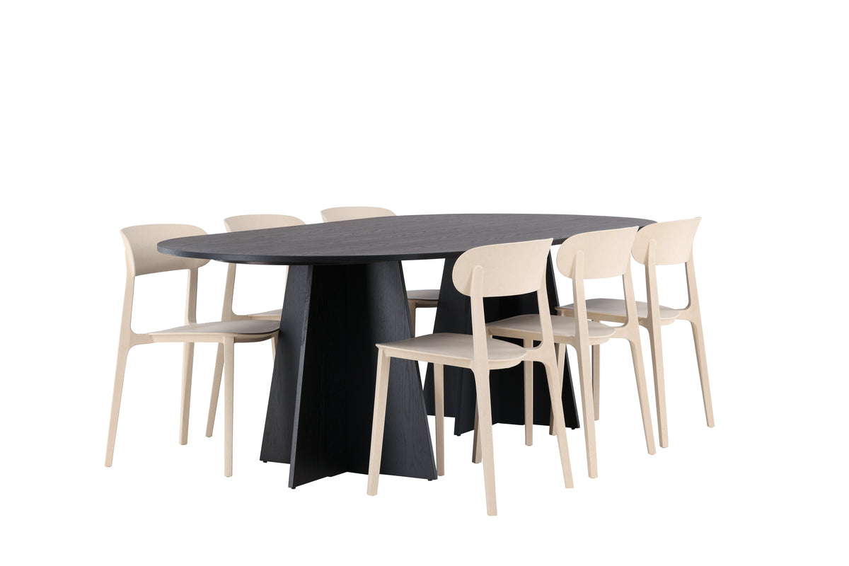 Venture Design Bootcut & Åstol Ovala Matbord 230 x 115 Svart + Matstolar 2-pack Beige