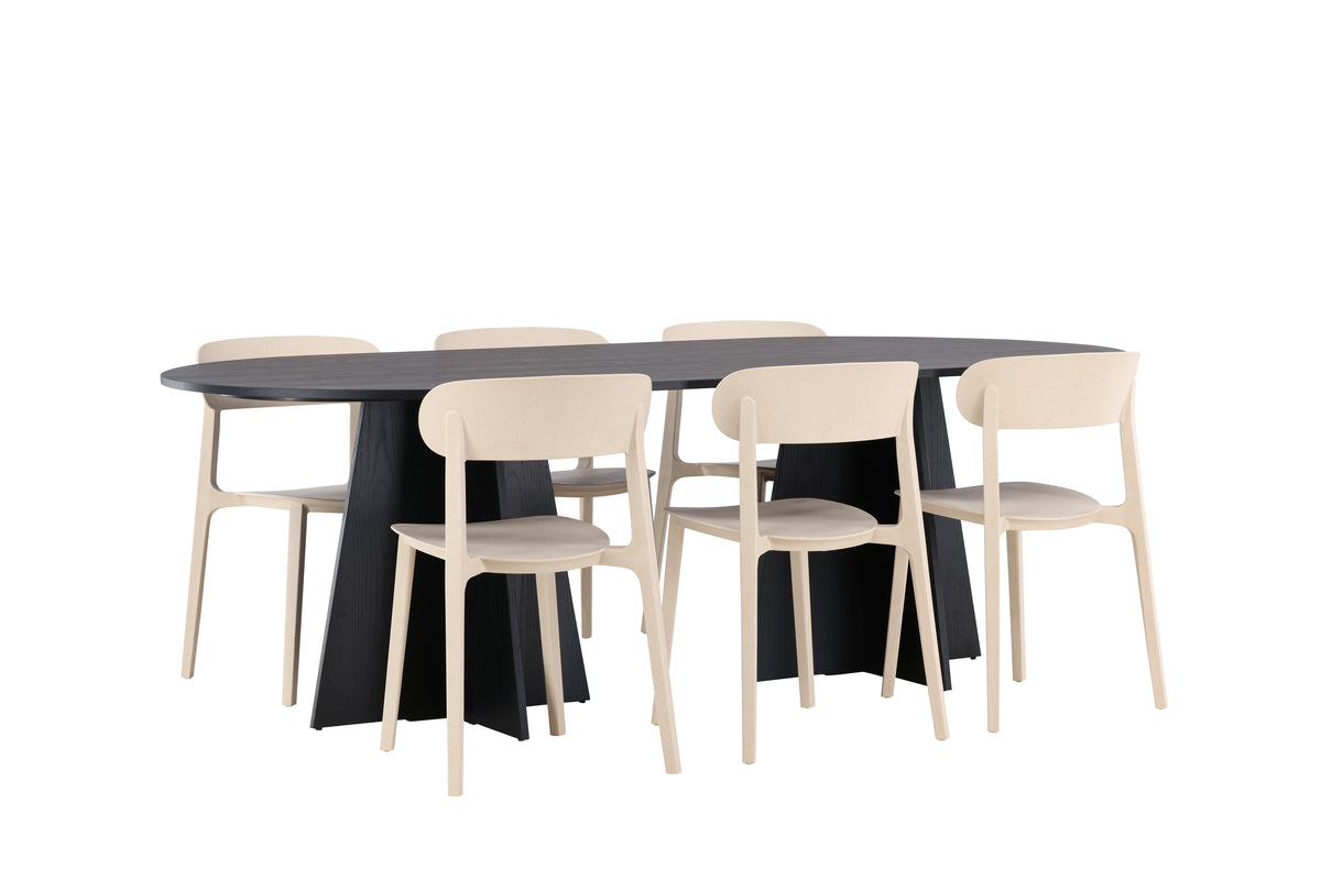 Venture Design Bootcut & Åstol Ovala Matbord 230 x 115 Svart + Matstolar 2-pack Beige