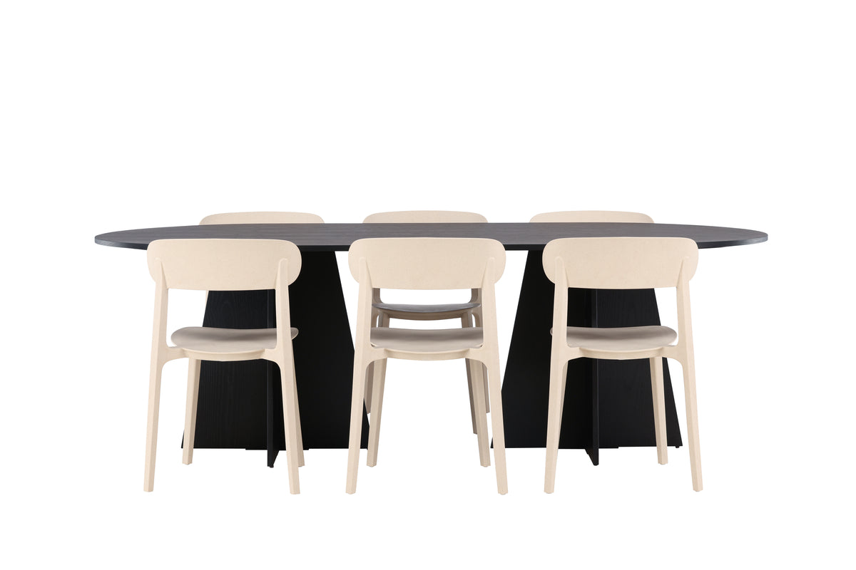 Venture Design Bootcut & Åstol Ovala Matbord 230 x 115 Svart + Matstolar 2-pack Beige