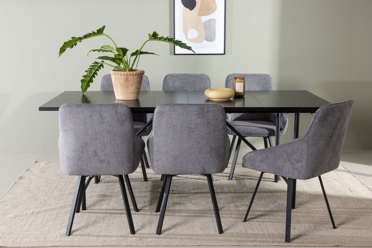 Venture Design Astrid & Rosie Rektangulära Matbord 200 x 90 Svart + Matstolar 2-pack Grå