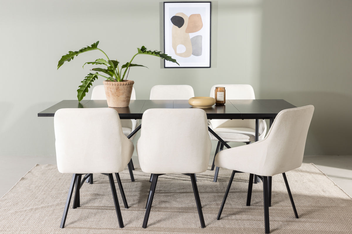 Venture Design Astrid & Rosie Rektangulära Matbord 200 x 90 Svart + Matstolar 2-pack Beige