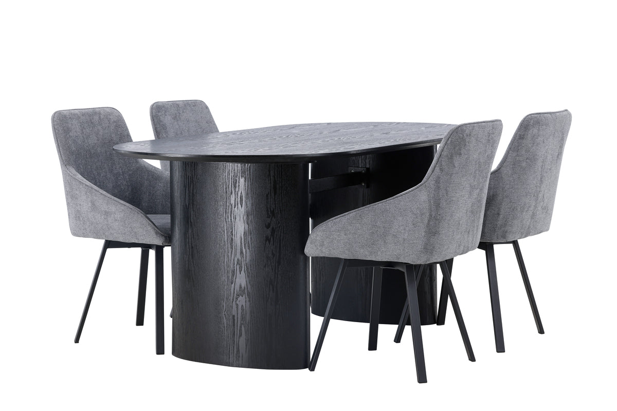 Venture Design Rosie & Isolde Matstolar 2-pack Grå + Ovala Matbord 180 x 90 Svart