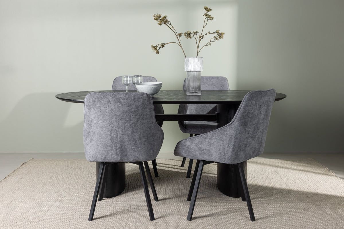 Venture Design Rosie & Isolde Matstolar 2-pack Grå + Ovala Matbord 180 x 90 Svart