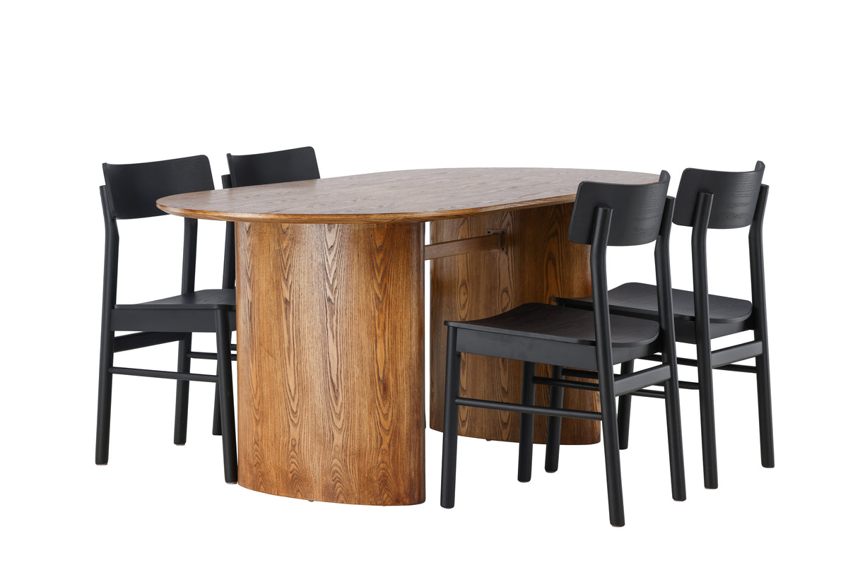 Venture Design Montros & Isolde Matstolar 2-pack Svart + Ovala Matbord 180 x 90 Natur