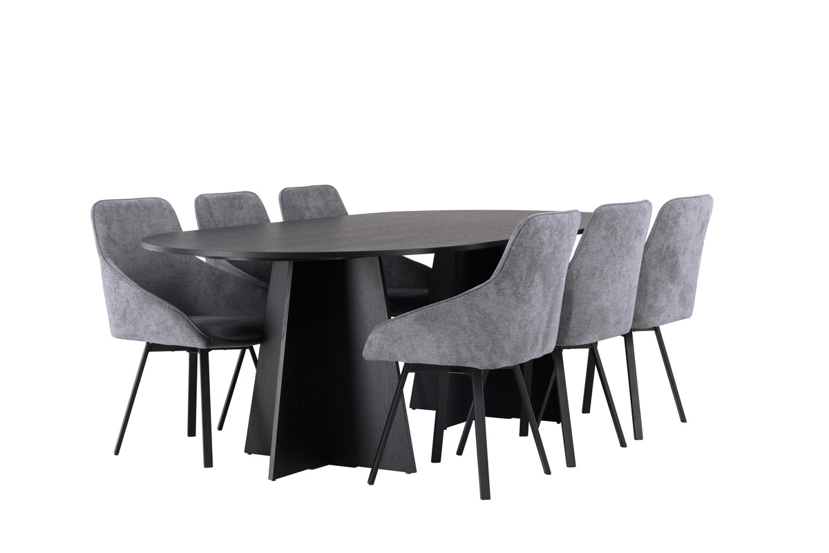 Venture Design Bootcut & Rosie Ovala Matbord 230 x 115 Svart + Matstolar 2-pack Grå