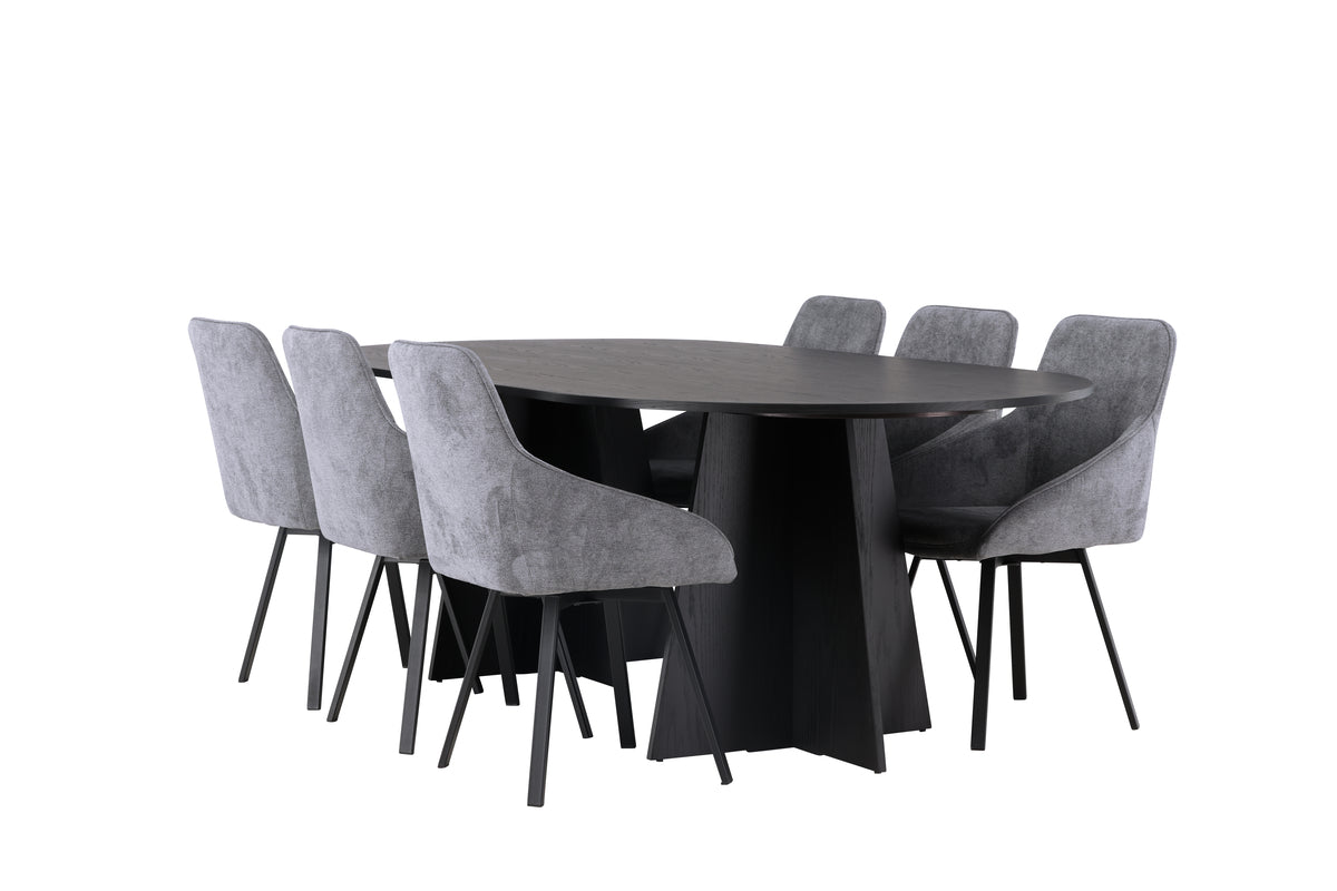 Venture Design Bootcut & Rosie Ovala Matbord 230 x 115 Svart + Matstolar 2-pack Grå