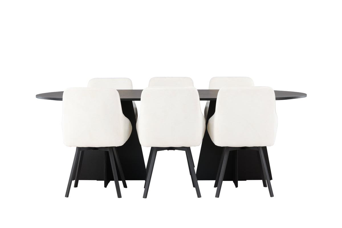 Venture Design Bootcut & Rosie Ovala Matbord 230 x 115 Svart + Matstolar 2-pack Beige