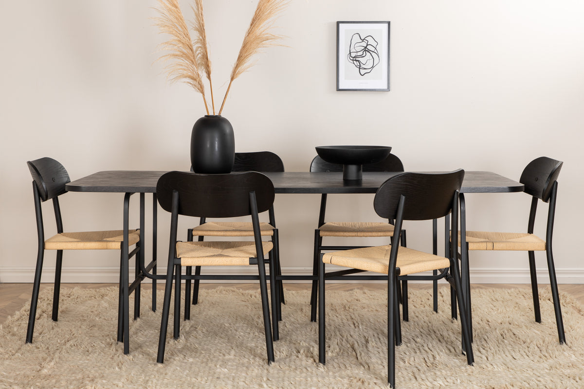 Venture Design Uno & Polly Rektangulära Matbord 200 x 90 Svart + Matstolar 2-pack Svart
