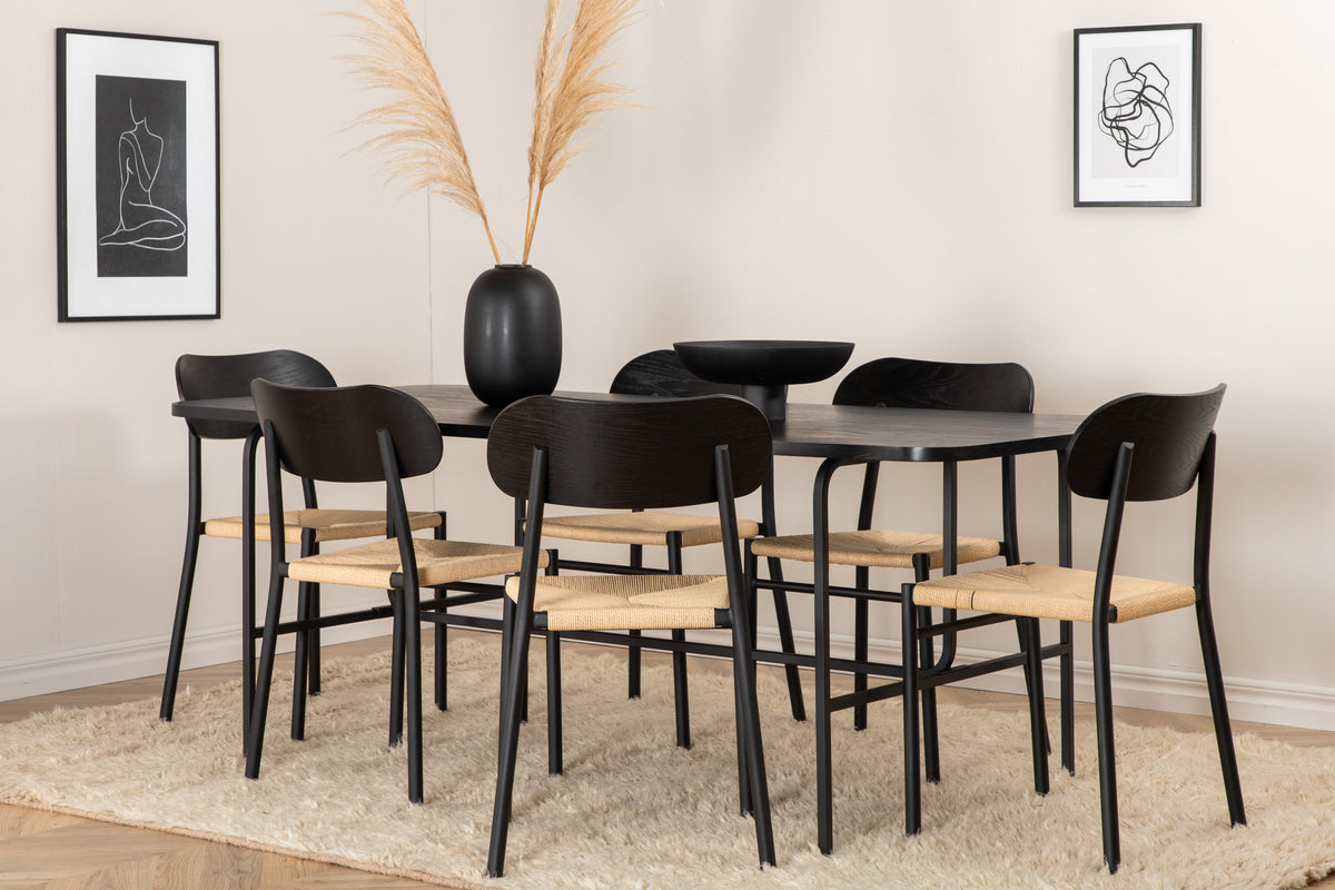 Venture Design Uno & Polly Rektangulära Matbord 200 x 90 Svart + Matstolar 2-pack Svart
