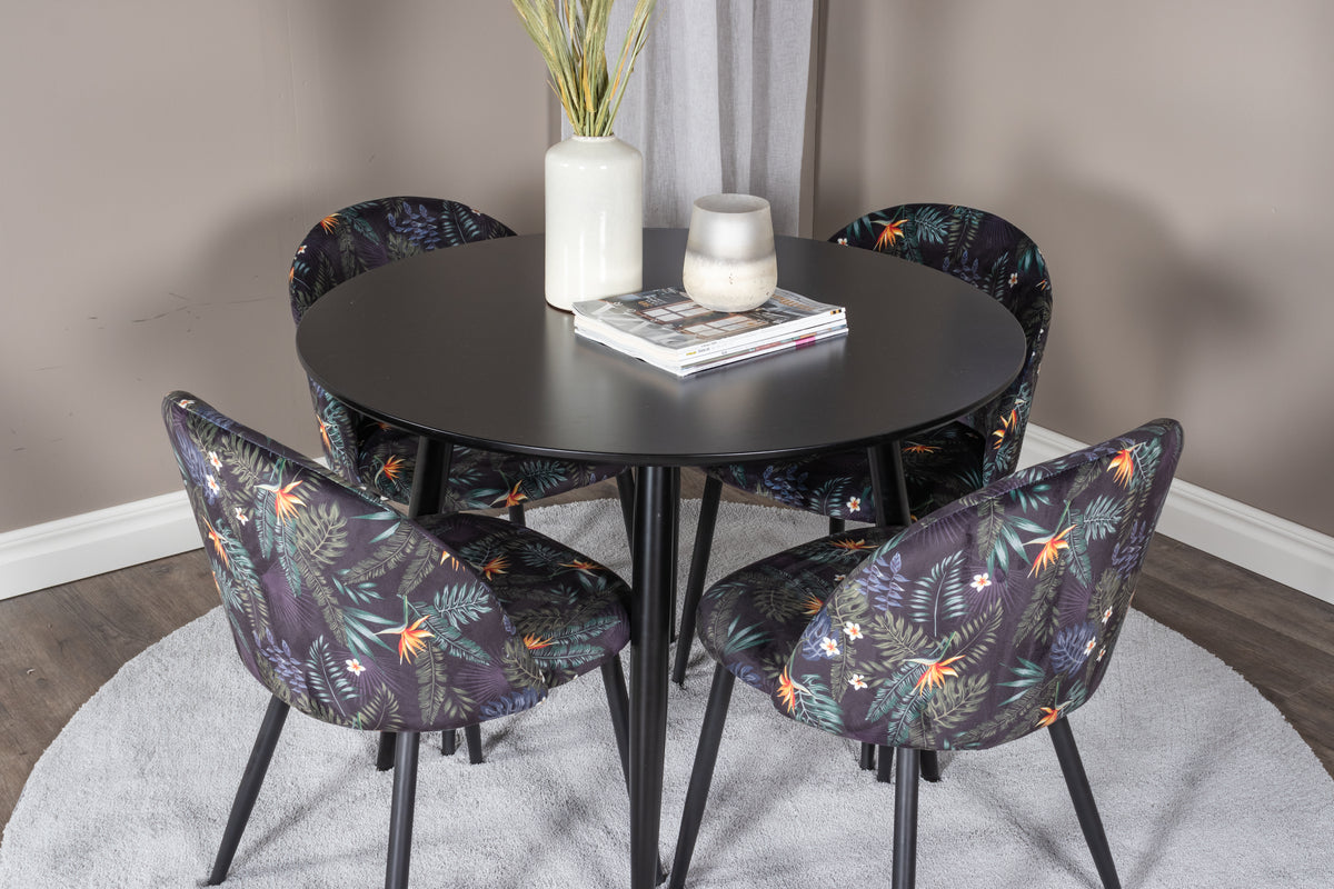 Venture Design Velvet & Plaza Matstolar 2-pack Svart + Runda Matbord ⌀100 Svart