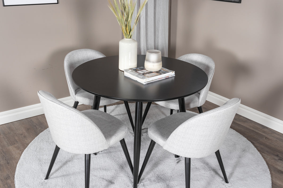 Venture Design Velvet & Plaza Matstolar 2-pack Grå + Runda Matbord ⌀100 Svart