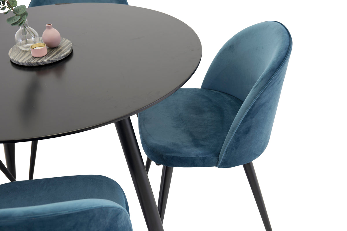 Venture Design Velvet & Plaza Matstolar 2-pack Blå + Runda Matbord ⌀100 Svart
