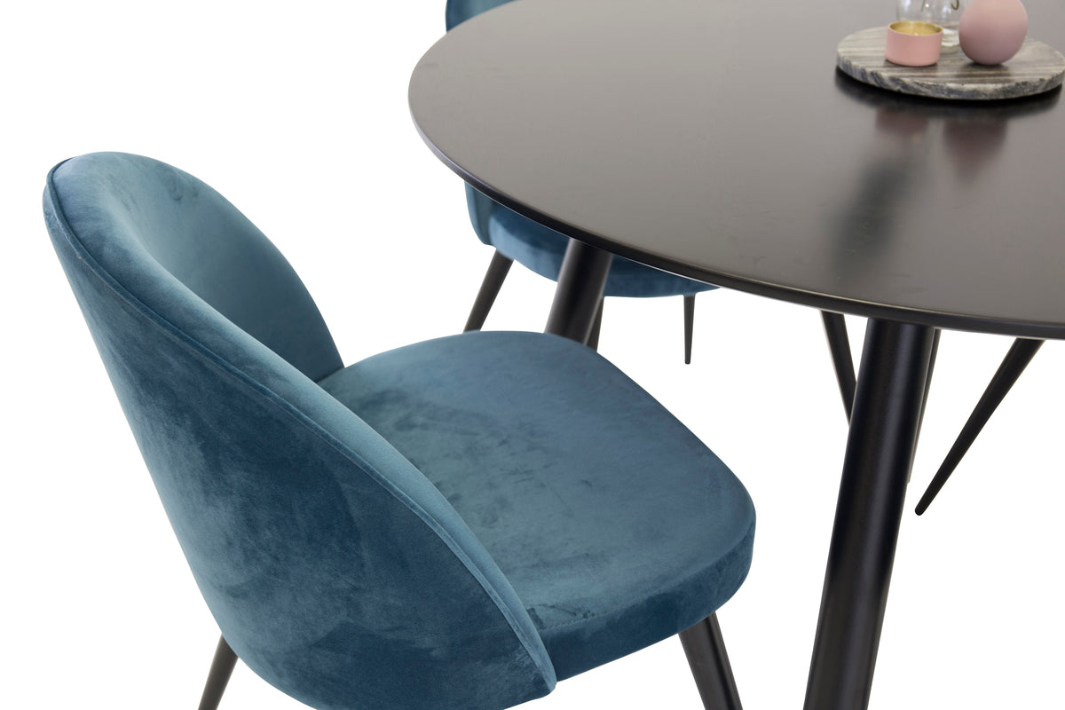Venture Design Velvet & Plaza Matstolar 2-pack Blå + Runda Matbord ⌀100 Svart