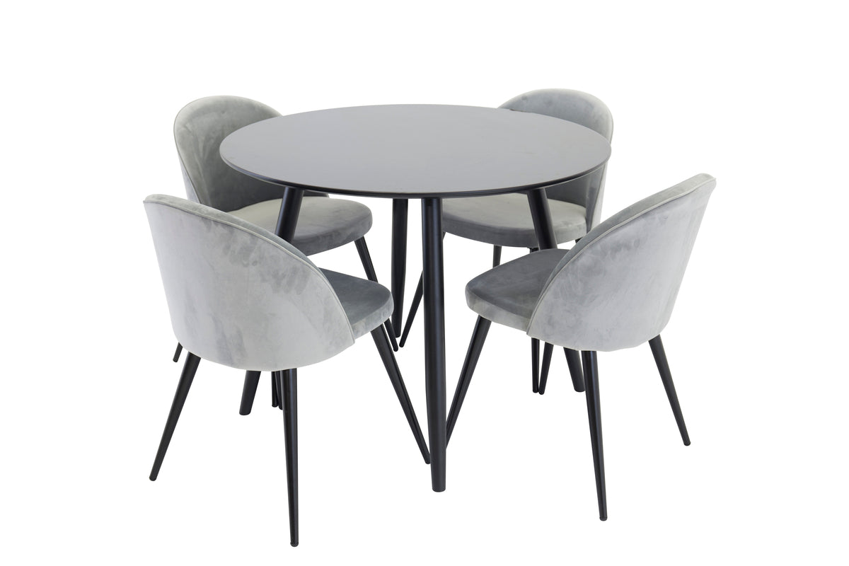 Venture Design Velvet & Plaza Matstolar 2-pack Grå + Runda Matbord ⌀100 Svart