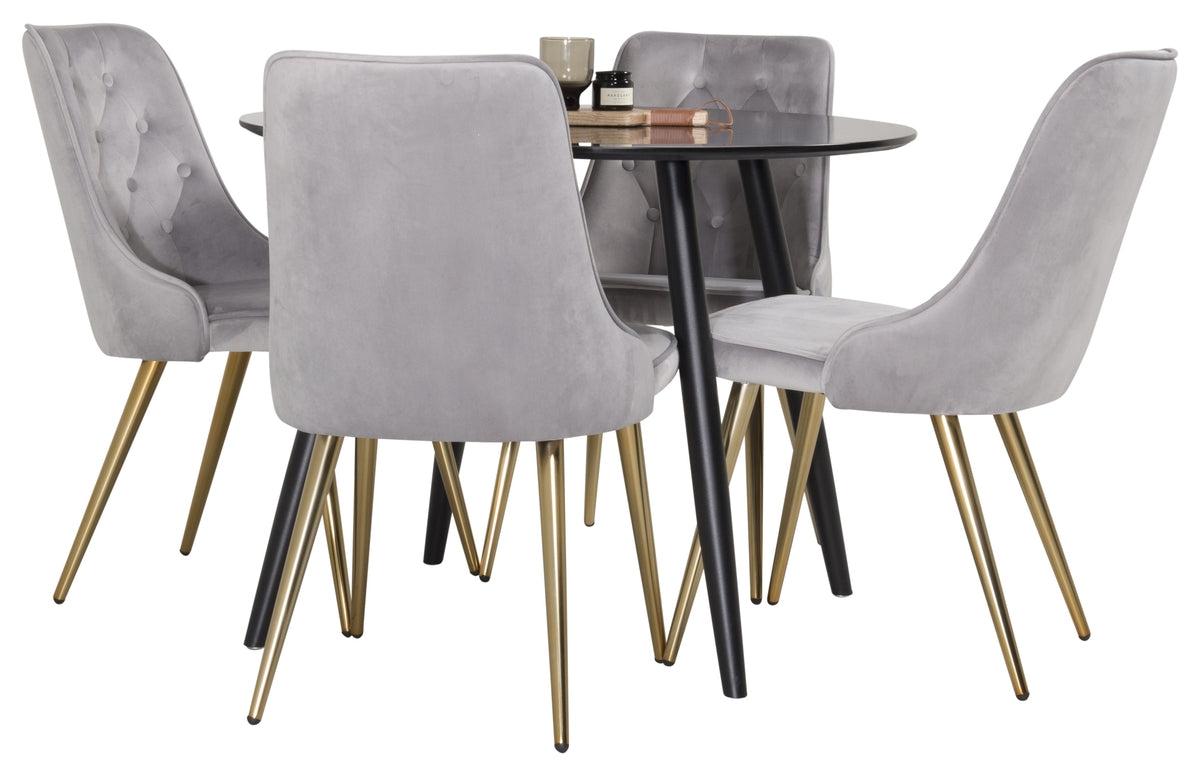 Venture Design Velvet Deluxe & Plaza Matstolar 2-pack Grå + Runda Matbord ⌀100 Svart