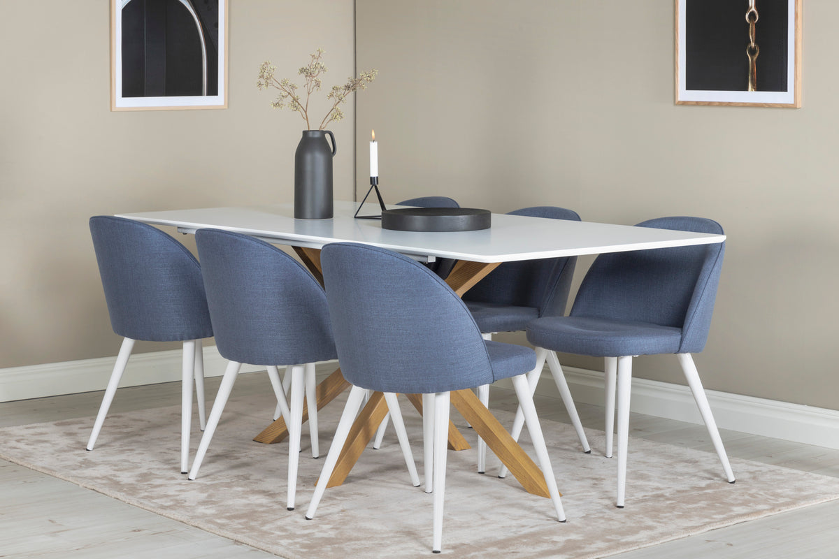 Venture Design Velvet & Piazza Matstolar 2-pack Blå + Rektangulära Matbord 180 x 90 Vit