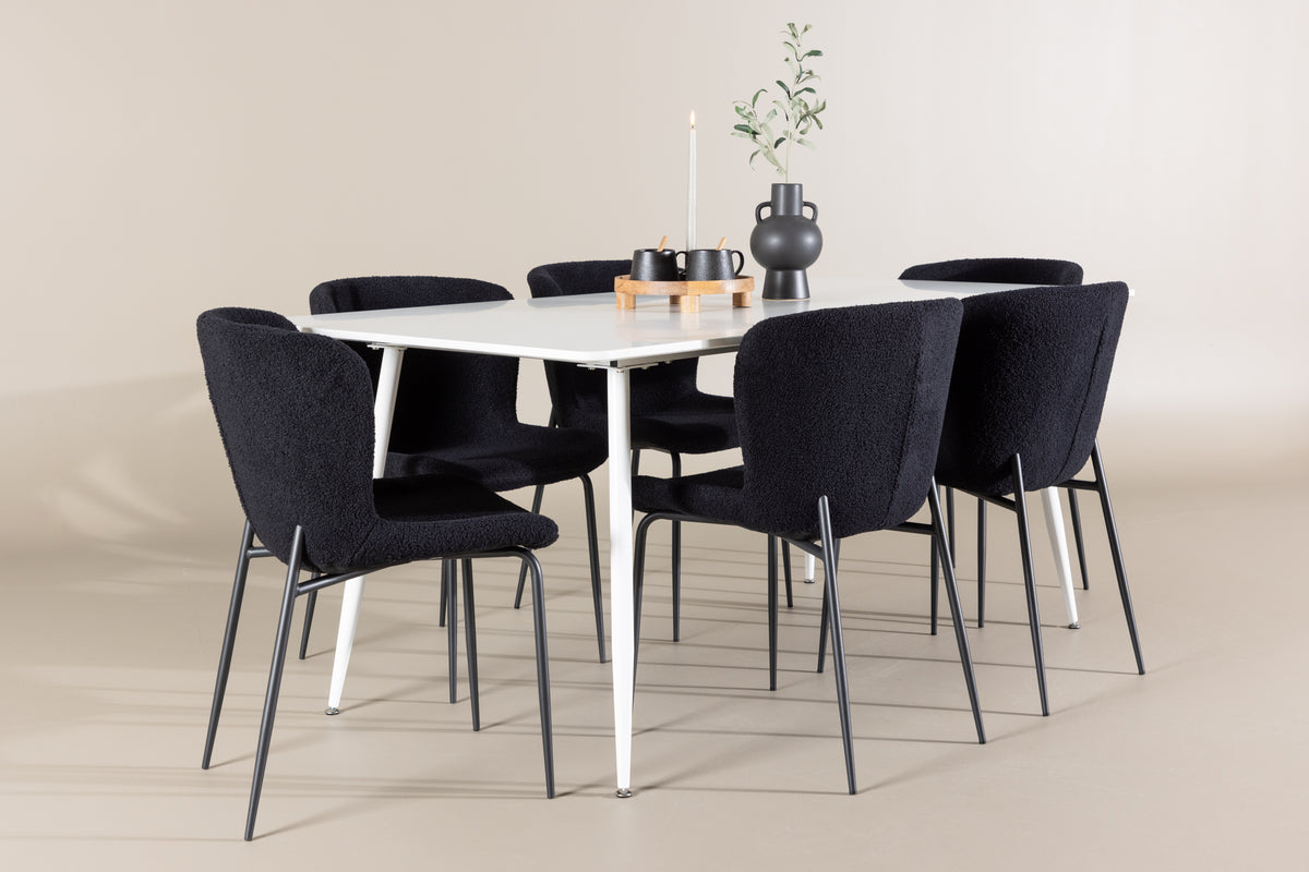 Venture Design Silar & Modesto Rektangulära Matbord 180 x 90 Vit + Matstolar 2-pack Svart
