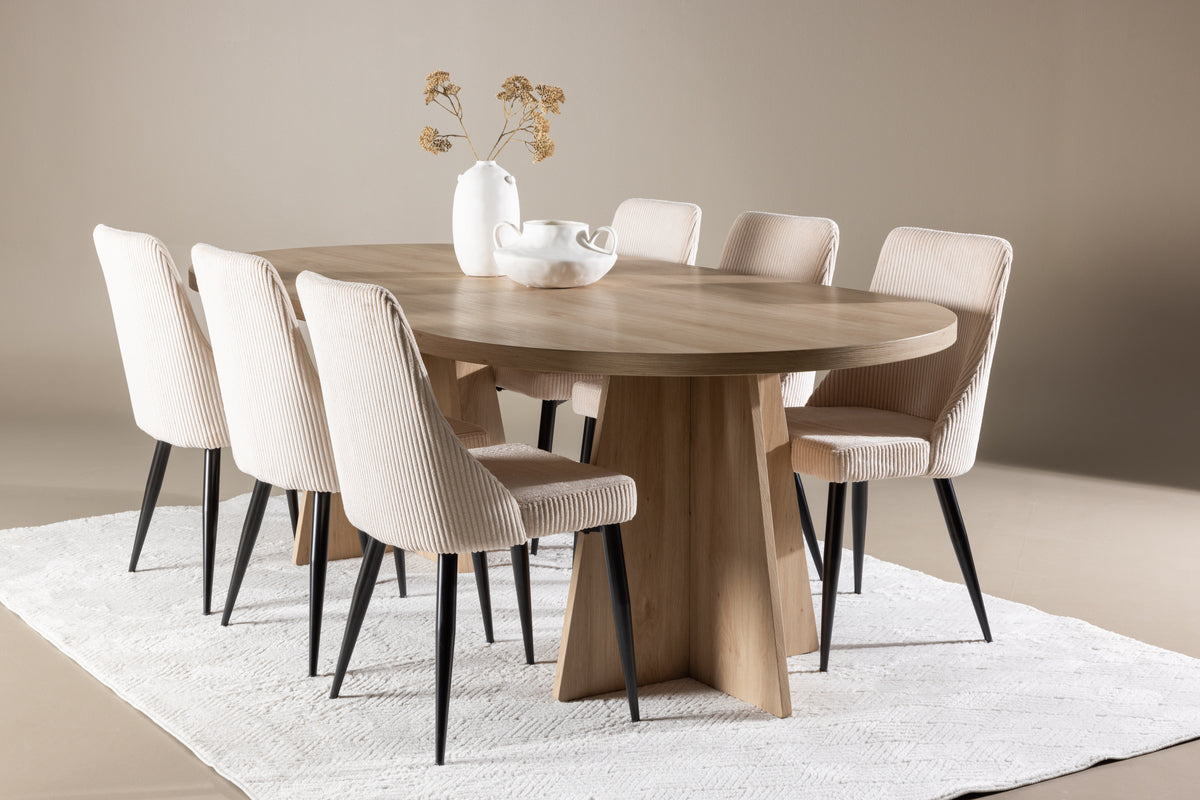 Venture Design Bootcut & Leone Ovala Matbord 230 x 115 Natur + Matstolar 2-pack Beige