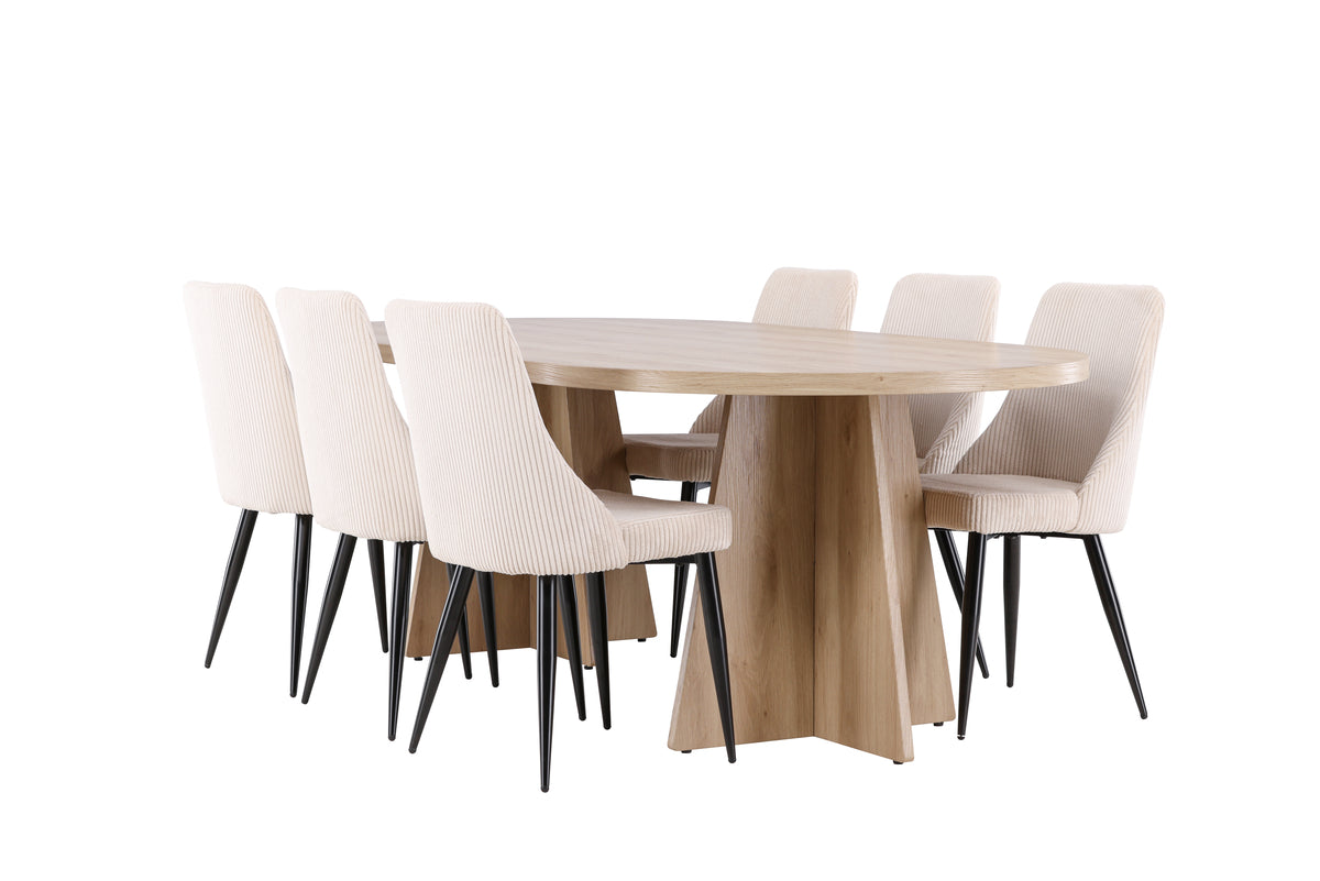 Venture Design Bootcut & Leone Ovala Matbord 230 x 115 Natur + Matstolar 2-pack Beige