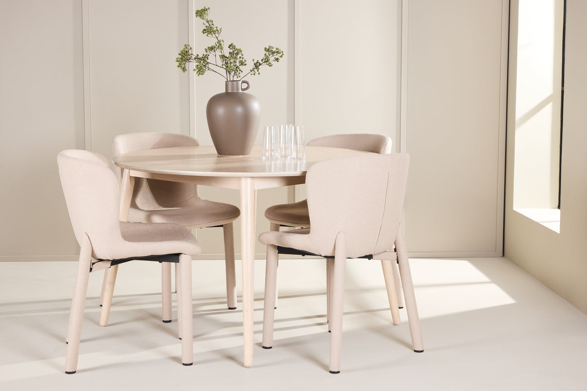 Venture Design Flora & Astoria Runda Matbord ⌀120 Vitputsad + Matstolar 2-pack Beige