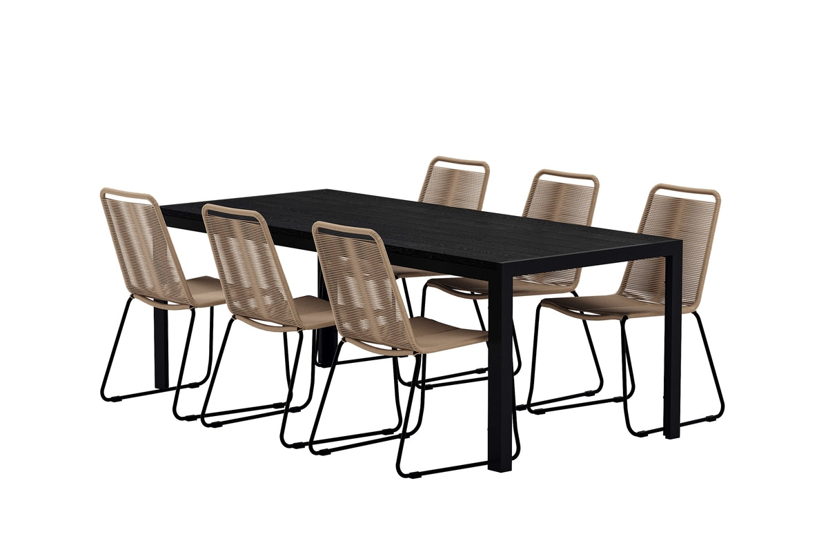 Venture Design Lindos & Mirko Matstolar 2-pack Brun + Rektangulära Matbord 205 x 90 Svart