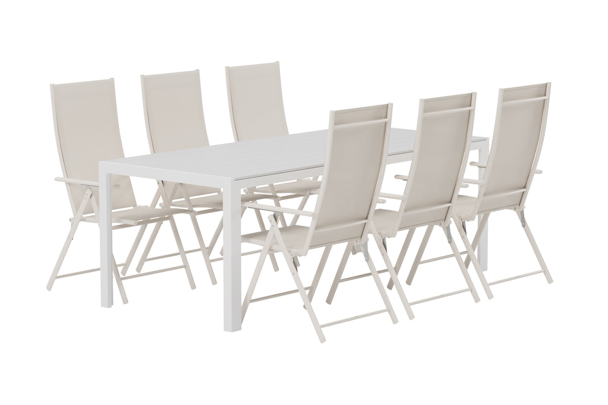 Venture Design Break & Levanzo Rektangulära Matbord 205 x 90 Vit + Positionsstolar 2-pack Beige