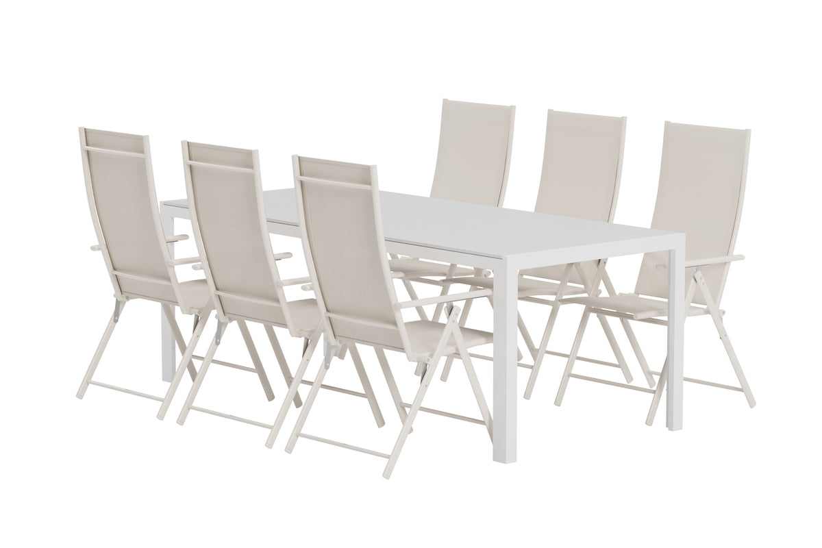 Venture Design Break & Levanzo Rektangulära Matbord 205 x 90 Vit + Positionsstolar 2-pack Beige